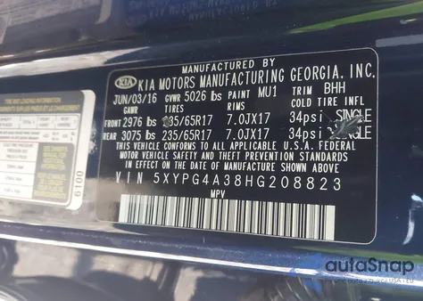 2017 Kia Sorento 2.4L Lx z USA, uszkodzony, nr VIN 5XYPG4A38HG208823